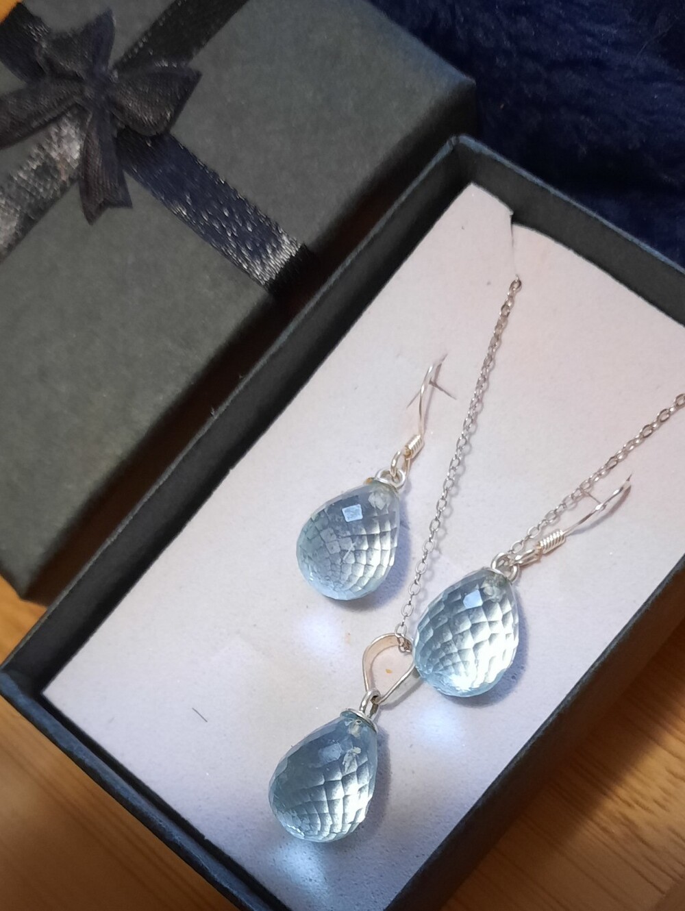 MARCH BIRTHSTONE AQUAMARINE 4PC DANGLE STERLING SILVER NECKLACE EARRINGS SET 🎁